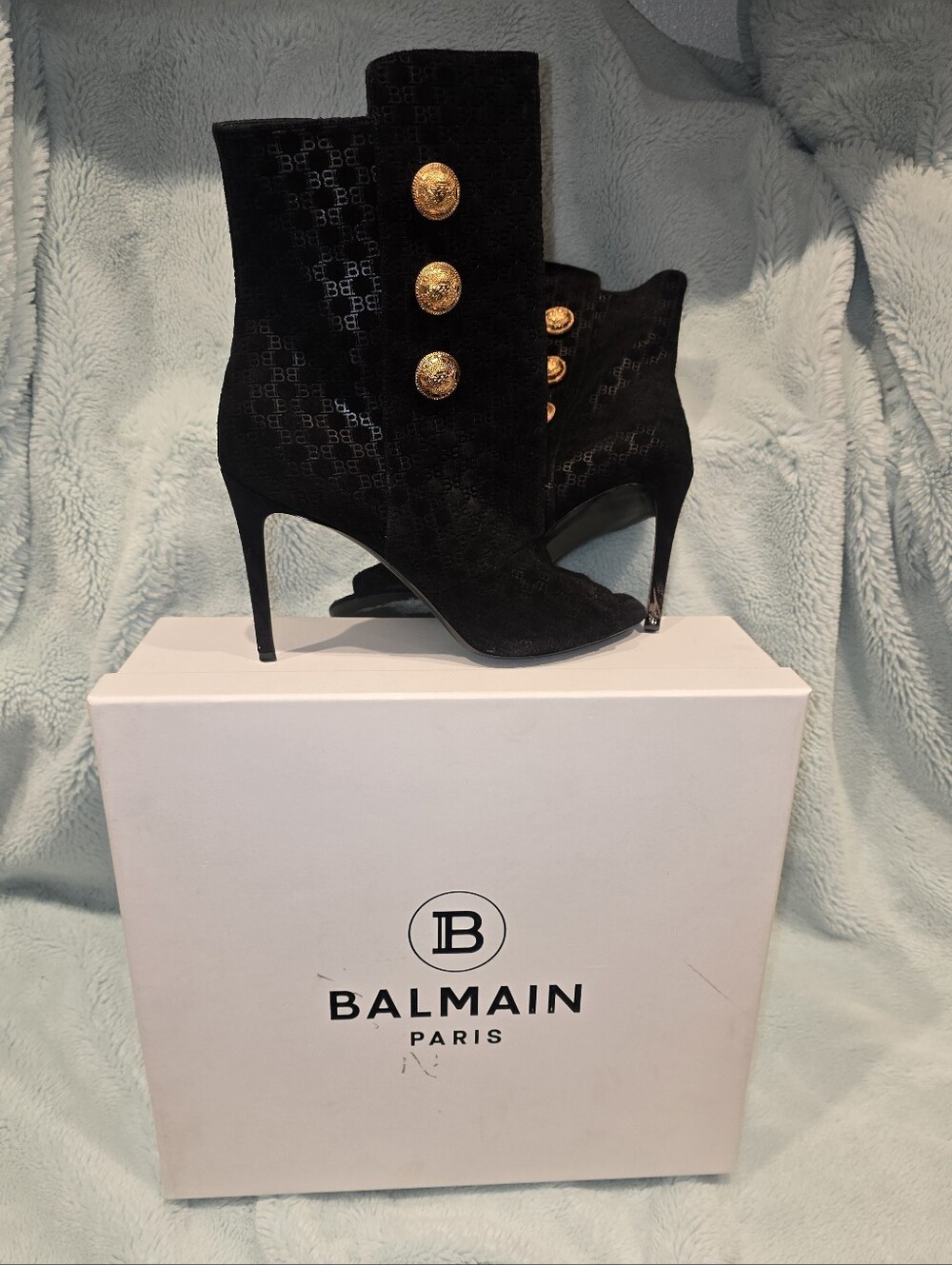 Balmain Black Velvet Open Toe Boots with Gold Medallion Buttons